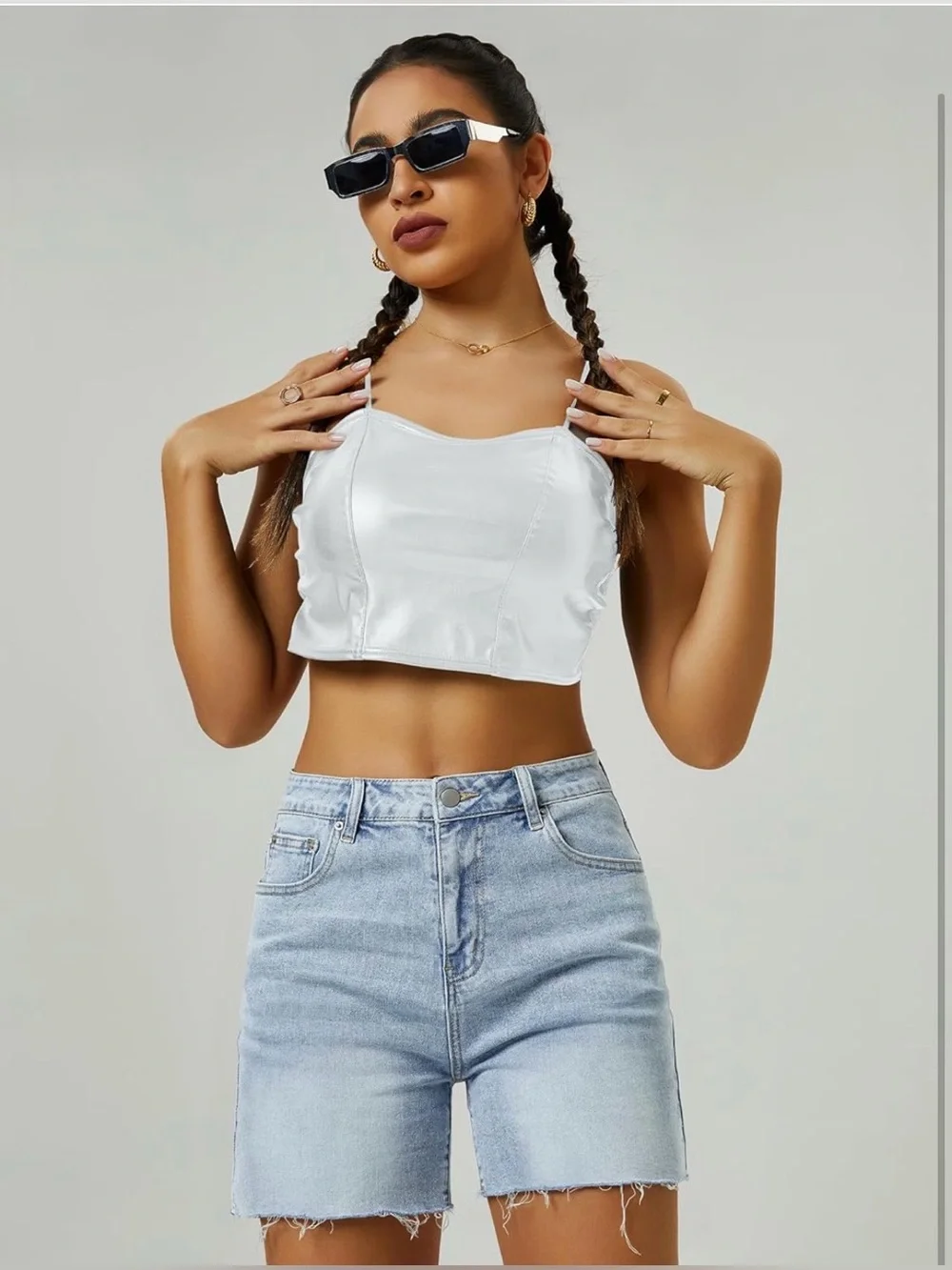 A100 AUWUKA High Waist Jean Wide Straight Leg Microelastic long denim Mom Shorts